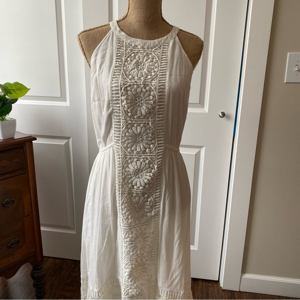 long white dress with lace details